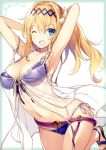  ;d absurdres armpits arms_behind_head arms_up babydoll bangs belt bikini blonde_hair blue_eyes blush breasts cleavage collarbone eyebrows_visible_through_hair flower front-tie_bikini front-tie_top granblue_fantasy hair_flower hair_ornament hairband highres jeanne_d'arc_(granblue_fantasy) kikuchi_seiji leg_up long_hair looking_at_viewer medium_breasts navel o-ring o-ring_bikini o-ring_top one_eye_closed open_mouth sandals scan see-through shiny shiny_clothes shiny_skin side-tie_bikini simple_background smile solo swimsuit thighs white_background 