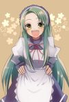  apron commentary_request green_eyes green_hair highres long_hair looking_at_viewer maid misora_(mi-000000006) simple_background smile solo suzumiya_haruhi_no_yuuutsu tooth tsuruya very_long_hair 