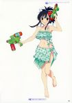  :d absurdres asuka_(senran_kagura) bangs bare_arms bare_shoulders barefoot bikini black_hair brown_eyes dual_wielding floral_print frills full_body gathers hair_ribbon hand_up high_ponytail highres holding looking_at_viewer official_art open_mouth page_number ribbon sarong scan senran_kagura senran_kagura_peach_beach_splash short_ponytail sidelocks simple_background smile solo standing standing_on_one_leg swimsuit teeth water_gun white_background yaegashi_nan 