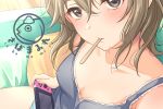  artist_name bangs blue_panties blush breasts cleavage closed_mouth commentary_request from_above hair_between_eyes horn light_brown_hair looking_at_viewer medium_breasts original panties popsicle_stick short_hair sitting solo striped striped_panties tsukana_(saba_mizore) underwear 
