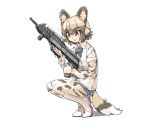  african_wild_dog_(kemono_friends) african_wild_dog_print animal_ears boots bow bowtie brown_hair bullpup collared_shirt dog_ears dog_tail eyebrows_visible_through_hair full_body gun highres holding holding_weapon kemono_friends light_brown_hair long_sleeves malyuk multicolored multicolored_clothes multicolored_hair multicolored_legwear omnisucker pantyhose shirt short_hair short_sleeves simple_background solo squatting tail weapon white_background 