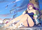  ass beach bird blue_eyes blue_sky blue_swimsuit braid breasts cleavage cloud competition_school_swimsuit day detached_sleeves glasses hair_ribbon han-gyaku-sei_million_arthur hand_up large_breasts lighthouse long_hair million_arthur_(series) one-piece_swimsuit outdoors purple_hair red_ribbon ribbon seagull sitting sky staff swimsuit waves zimajiang 