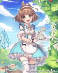  :d blue_dress blue_sky blush chano_hinano character_request cup dated day detached_sleeves dress fence flower gate gloves green_eyes hedge_(plant) highres holding holding_plate iron_fence looking_at_viewer maid medium_hair official_art open_mouth outdoors path plant plate puffy_short_sleeves puffy_sleeves road saucer short_sleeves sky smile table teacup teapot thighhighs venus_rumble watermark white_gloves white_legwear 