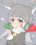  :p animal_ears antlers bell bell_collar collar commentary commentary_request eyebrows_visible_through_hair fur_collar fur_trim green_eyes grey_hair hair_ribbon heart heterochromia highres kemono_friends kokuin long_sleeves red_eyes reindeer_(kemono_friends) reindeer_antlers reindeer_ears ribbon short_hair solo tongue tongue_out upper_body 