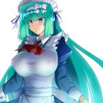  apron aqua_hair ascot bangs blue_eyes blue_ribbon blunt_bangs blush bow breasts commentary_request covered_nipples dress frilled_apron frills gippo green_hair hair_ribbon hairband huge_breasts juliet_sleeves long_hair long_sleeves maid maid_apron maid_headdress original puffy_sleeves red_neckwear ribbon shiny shiny_hair sidelocks simple_background smile solo taut_clothes upper_body very_long_hair white_apron white_background white_bow white_hairband wing_collar wrist_cuffs 