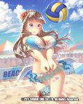  bangs beach_volleyball bikini blue_bikini blue_sky blunt_bangs braid breast_lift breasts brown_hair character_request clenched_hands cloud crowd day earrings flower frilled_bikini frills hair_flower hair_ornament heart jewelry large_breasts looking_at_viewer necklace official_art outdoors purple_eyes sky solo_focus standing swimsuit thigh_strap tomiwo venus_rumble volleyball watermark 