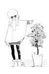  ankle_boots beanie boots closed_mouth doremi glasses greyscale hat head_tilt highres long_sleeves looking_at_viewer monochrome original pantyhose plant potted_plant scarf sidelocks signature sleeves_past_wrists smile solo standing tree white_background 