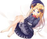  abigail_williams_(fate/grand_order) bangs barefoot bed_sheet black_bow black_dress black_hat blonde_hair bloomers blue_eyes blush bow box bug butterfly commentary_request covered_mouth dress eyebrows_visible_through_hair fate/grand_order fate_(series) full_body gift gift_box hair_bow hat holding holding_gift insect long_hair long_sleeves looking_at_viewer misui orange_bow parted_bangs polka_dot polka_dot_bow sleeves_past_fingers sleeves_past_wrists solo underwear very_long_hair 