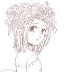  bangs bare_shoulders blush detached_sleeves elaine flower_wreath greyscale harumiya head_wreath looking_at_viewer monochrome nanatsu_no_taizai ribbon-trimmed_sleeves ribbon_trim short_hair sketch smile 