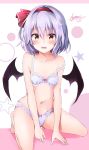  artist_name bangs bare_arms bare_legs bare_shoulders barefoot bat_wings black_wings blue_bra blue_panties blush bow bow_bra bow_panties bra breasts collarbone commentary_request eyebrows_visible_through_hair hair_between_eyes hair_ribbon hairband highres hyurasan kneeling lace lace-trimmed_bra lavender_hair looking_at_viewer navel open_mouth panties pink_background red_bow red_eyes red_hairband red_ribbon remilia_scarlet ribbon signature small_breasts solo star stomach strap_slip touhou two-tone_background underwear underwear_only white_background wings 