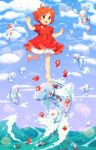  &gt;_&lt; :d blue_sky brown_eyes cloud cloudy_sky dav-19 day dress falling fish gake_no_ue_no_ponyo highres jumping looking_at_viewer looking_away looking_down looking_up ocean open_mouth orange_hair outdoors ponyo ponyo_sisters puffy_short_sleeves puffy_sleeves red_dress short_dress short_hair short_sleeves sidelocks sky smile sparkle swimming underwater walking watermark web_address 