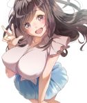  :d bangs blue_skirt breasts brown_hair commentary_request eyebrows_visible_through_hair frills idolmaster idolmaster_shiny_colors kawaty large_breasts long_hair miniskirt open_mouth shirt skirt sleeveless sleeveless_shirt smile solo tsukioka_kogane v 