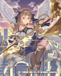  angel_wings axe braid breasts brown_eyes brown_hair building circlet cloud feathers flying holding holding_axe large_breasts long_hair looking_at_viewer official_art outdoors skyline skyscraper solo sparkle tomiwo twilight venus_rumble white_feathers white_wings wings 