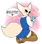  2018 aggressive_retsuko anthro arnachy canine clothed clothing dialogue digital_media_(artwork) english_text female fennec fenneko fox hi_res holding_object holding_phone kneeling legwear looking_at_viewer looking_back mammal open_mouth phone sanrio solo text 