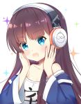  :d azur_lane bangs bare_shoulders blue_eyes blue_jacket blush brown_hair clothes_writing collarbone commentary_request eyebrows_visible_through_hair fingernails hands_on_own_cheeks hands_on_own_face headphones jacket leng_xiao long_hair long_island_(azur_lane) nail_polish off-shoulder_shirt open_mouth pink_nails shirt sidelocks simple_background smile solo sparkle very_long_hair white_background white_shirt 