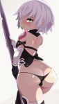  arm_belt ass bandaged_arm bandages bare_shoulders black_legwear black_panties blush cameltoe commentary_request facial_scar fate/apocrypha fate/grand_order fate_(series) from_behind green_eyes highres jack_the_ripper_(fate/apocrypha) looking_at_viewer looking_back mouth open panties pole scar scar_across_eye scar_on_cheek shiny shiny_hair shiny_skin short_hair shoulder_tattoo silver_hair solo standing tattoo thighhighs underwear zamudelin 