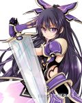  armor armored_dress bag black_bow black_gloves black_hair bow date_a_live eyebrows_visible_through_hair gloves hair_between_eyes hair_bow hibiki_mio high_ponytail holding holding_sword holding_weapon long_hair looking_at_viewer purple_bow purple_eyes shoulder_armor simple_background smile solo spaulders standing sword very_long_hair weapon white_background yatogami_tooka 