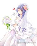  bouquet breasts bridal_veil choker cleavage date_a_live dress flower from_behind gloves hair_flower hair_ornament heart hibiki_mio holding holding_bouquet izayoi_miku long_dress long_hair medium_breasts one_eye_closed pink_flower purple_hair short_sleeves simple_background solo veil white_background white_dress white_flower white_gloves 