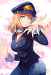  abiko_yuuji blonde_hair bodysuit boku_no_hero_academia breasts cleavage commentary_request cowboy_shot hat highres large_breasts looking_at_viewer parted_lips pink_background police_hat simple_background smoke solo sparkle unzipped utsushimi_kemii zipper 