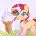  2017 absurd_res dessert digital_media_(artwork) equestria_girls equine female feral food grass hair hi_res horn ice_cream looking_at_viewer mammal mirroredsea multicolored_hair my_little_pony outside smile solo sunset_shimmer_(eg) two_tone_hair unicorn 