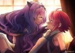  ahoge ane-suisei armor armpits black_gloves blush camilla_(fire_emblem_if) chin_grab curtains elbow_gloves eye_contact eyebrows_visible_through_hair fire_emblem fire_emblem_if from_side gloves hair_over_one_eye hand_on_another's_chin hinoka_(fire_emblem_if) leaning_back long_hair looking_at_another multiple_girls purple_eyes purple_hair red_eyes red_hair short_hair sleeveless smile sunlight sweatdrop tiara very_long_hair wavy_hair window yuri 