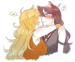  animal_ears armpits asymmetrical_docking black_hair blake_belladonna blonde_hair blush breast_press cat_ears closed_eyes commentary face_licking kuroda_(nanchara_flight) licking multiple_girls rwby surprised sweat yang_xiao_long yellow_eyes yuri 