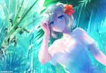  bangs blue_eyes blue_hair breasts carnelian flower hair_ornament hamakaze_(kantai_collection) kantai_collection large_breasts looking_at_viewer md5_mismatch rain see-through shirt silver_hair solo swimsuit water wet wet_clothes wet_hair wet_shirt white_shirt 