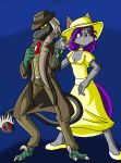  anthro black_scales breasts canine cigarette clothed clothing dreamkeepers dress duo female fox fur grey_fur gun hair hal_adhil handgun male mammal miri_rodgers neyola298 pink_nose pistol purple_eyes purple_hair ranged_weapon reptile scales scalie the_wayward_astronomer weapon 