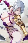  arched_back ass bangs blue_eyes breasts cleavage dated from_side hair_over_one_eye isabella_valentine large_breasts looking_at_viewer parted_lips revealing_clothes short_hair sidelocks silver_hair solo soulcalibur soulcalibur_vi tea_(nakenashi) thighs twitter_username whip 