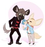  2018 aggressive_retsuko anthro canine clothed clothing digital_media_(artwork) female fennec fenneko fox fur haida hi_res hyena jetbougan male mammal sanrio simple_background 