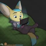  anthro blue_eyes blue_fur brown_fur canine fennec fox fur letodoesart mammal onesie tablet tagme 