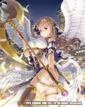  angel_wings ass axe blush braid breasts brown_eyes brown_hair dated feathers holding holding_axe impossible_clothes large_breasts long_hair looking_at_viewer night night_sky official_art outdoors single_thighhigh sky skyline solo standing thighhighs tomiwo venus_rumble watermark white_wings wings 