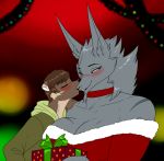  2017 adrian_(crovirus) anthro big_breasts black_lips black_nose blurred_background blush breasts brown_hair canine christmas christmas_present clothed clothing costume crovirus dark_fur dubmare eyelashes eyes_closed female fur green_hoodie hair holidays invalid_color kissing long_ears mammal marten multicolored_fur mustelid pine_marten santa_costume smile two_tone_fur white_eyes 