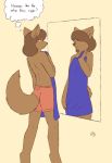  2013 anthro black_nose bowman&#039;s_wolf brown_fur brown_hair canine clothed clothing english_text female flat_chested florence_ambrose freefall fur hair mammal mirror red_wolf solo starfighter text topless wolf 