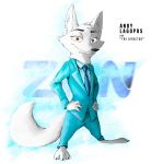  2018 andy_lagopus anthro arctic_fox barefoot canine cheek_tuft clothed clothing disney english_text fan_character fox hands_on_hips head_tuft logo male mammal necktie orange_eyes simple_background smile solo standing suit text thewyvernsweaver tuft white_background zootopia 