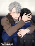  artist_name backpack bag black_hair blue_eyes coat gearous highres hug katsuki_yuuri male_focus multiple_boys open_mouth silver_hair smile viktor_nikiforov yuri!!!_on_ice 