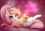  2018 cake candle clothing cutie_mark dankflank digital_media_(artwork) english_text equine fan_character female food hair hi_res hooves horn legwear looking_at_viewer mammal my_little_pony smile solo text tongue tongue_out unicorn 