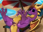  2018 absurd_res animal_genitalia animal_penis anus barefoot beach butt claws cute dragon eyewear feral genital_slit glasses hi_res horn lying male narse nude outside penis presenting presenting_anus presenting_hindquarters presenting_penis purple_skin relaxing sand scalie sea seaside sharp_claws slit smile solo spyro spyro_the_dragon sunglasses toe_claws umbrella video_games water western_dragon wings 