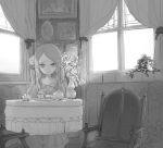  armchair chair closed_mouth commentary cup curtains doremi dress english_commentary flower greyscale indoors long_hair looking_at_viewer monochrome original plant portrait_(object) potted_plant sitting solo table teacup teapot vase window 