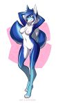  anthro black_nose blue_eyes blue_fur blue_hair breasts canine female fox fur hair mammal nude pussy saphayla_(zelianda) simple_background solo spefides standing white_fur white_hair 