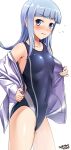  artist_name bangs bare_shoulders blue_eyes blue_hair blunt_bangs blush collarbone commentary competition_swimsuit covered_navel cowboy_shot dated eyebrows_visible_through_hair flat_chest flipped_hair flying_sweatdrops hatsukaze_(kantai_collection) highres jacket kantai_collection light_blue_hair looking_at_viewer looking_to_the_side off_shoulder one-piece_swimsuit shiny simple_background solo swimsuit tsuchimiya undressing white_background white_jacket 