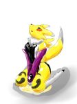  anthro armwear blue_eyes blush bridal_gauntlets claws clothed clothing digimon female fur looking_at_viewer mammal omorashi open_mouth renamon simple_background sitting solo tongue urine urine_pool watersports wetting white_background white_fur yellow_fur びぜん 