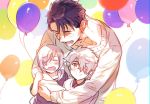  2boys balloon blush casual child closed_eyes closed_mouth eyebrows_visible_through_hair family fate/grand_order fate_(series) father_and_daughter father_and_son galahad_(fate) grand_dobu hair_between_eyes hair_over_one_eye holding holding_balloon hug hug_from_behind lancelot_(fate/grand_order) mash_kyrielight multiple_boys open_mouth purple_hair short_hair smile yellow_eyes younger 