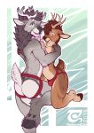  2018 anthro blush brown_fur butt cervine christmas clothed clothing duo fur grey_fur holidays hug jockstrap legwear looking_at_viewer male male/male mammal reindeer stockings the_secret_cave topless underwear 
