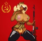  2018 anthro big_breasts blonde_hair breasts clothing communism digital_media_(artwork) equine female flag gun hair hand_on_chest hat hi_res horse kizi0n looking_at_viewer mammal military nipples politics ranged_weapon red_star rifle russian sitting sniper_rifle solo soviet_union svt uniform weapon 