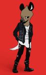  aggressive_retsuko boots clothed clothing footwear haida hyena jacket leather leather_jacket male mammal nobody_(artist) punk red_background sanrio simple_background 