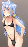  bangs bare_arms bare_shoulders black_swimsuit blue_eyes blue_hair blush bulge collarbone commentary_request cowboy_shot crossdressing eyebrows_visible_through_hair gradient gradient_background grey_background groin hacka_doll hacka_doll_3 hair_between_eyes hair_ornament half-closed_eyes hand_on_own_ass heart_ring heart_ring_swimsuit highres long_hair looking_at_viewer male_focus navel otoko_no_ko parted_lips shiny shiny_hair shiny_skin sidelocks slingshot_swimsuit solo standing stomach sweat swimsuit takocha 