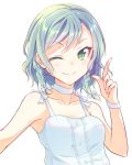  ;) aqua_hair bang_dream! blue_bow blue_camisole blue_choker bow camisole choker collarbone e20 finger_gun green_eyes hair_bow hand_up hikawa_hina index_finger_raised looking_at_viewer one_eye_closed reaching_out self_shot short_hair side_braids simple_background smile solo upper_body white_background 