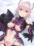  agrius_metamorphosis ahoge animal_ears armor atalanta_(alter)_(fate) atalanta_(fate) bangs bare_shoulders black_armor black_gloves black_panties blue_sky blush breasts clenched_teeth cloud commentary_request crop_top day elbow_gloves eyebrows_visible_through_hair fangs fate/grand_order fate_(series) floating_hair from_below gauntlets gloves gradient_hair green_eyes grey_hair groin hair_between_eyes hand_up highleg highleg_panties highres long_hair looking_at_viewer medium_breasts multicolored_hair navel outdoors panties pink_hair plackart pubic_tattoo reuri_(tjux4555) scowl shiny shiny_hair sky solo standing stomach tail tattoo teeth turtleneck underboob underwear v-shaped_eyebrows 