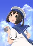  bag black_eyes black_hair blue_sailor_collar blue_sky cloud daitou_(kantai_collection) day depth_charge dress from_behind harukaze_unipo hat kantai_collection open_mouth outdoors sailor_collar sailor_dress sailor_hat short_hair short_sleeves sky smile solo strap upper_body white_hat 